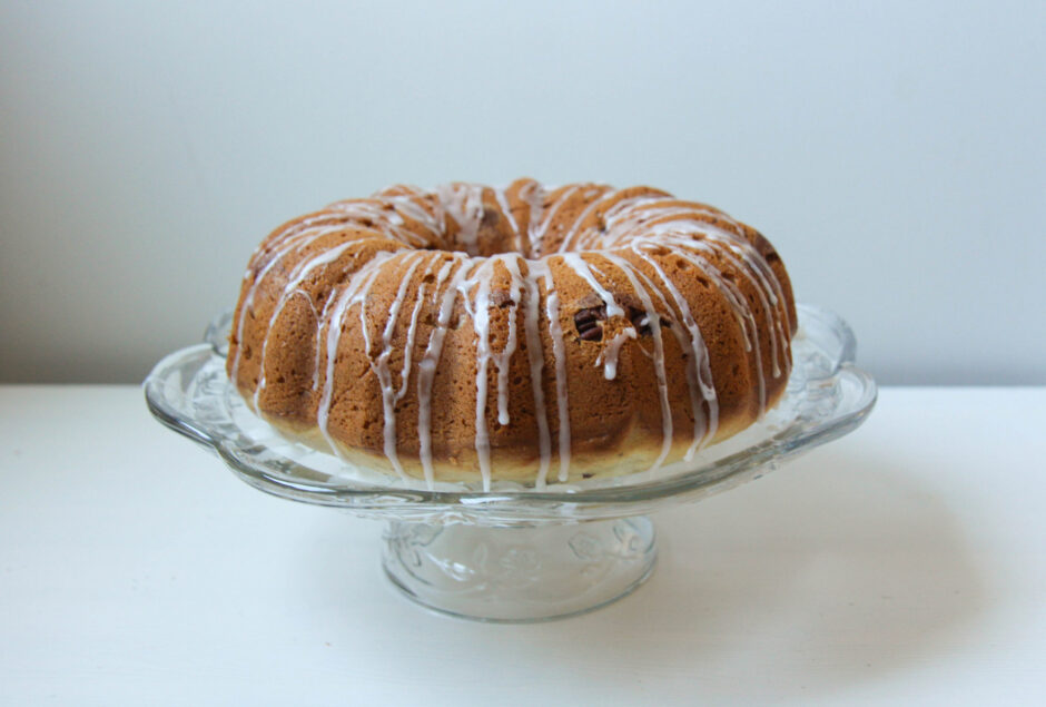 IMG_4892 Banana Coffee Cake on a cake plate