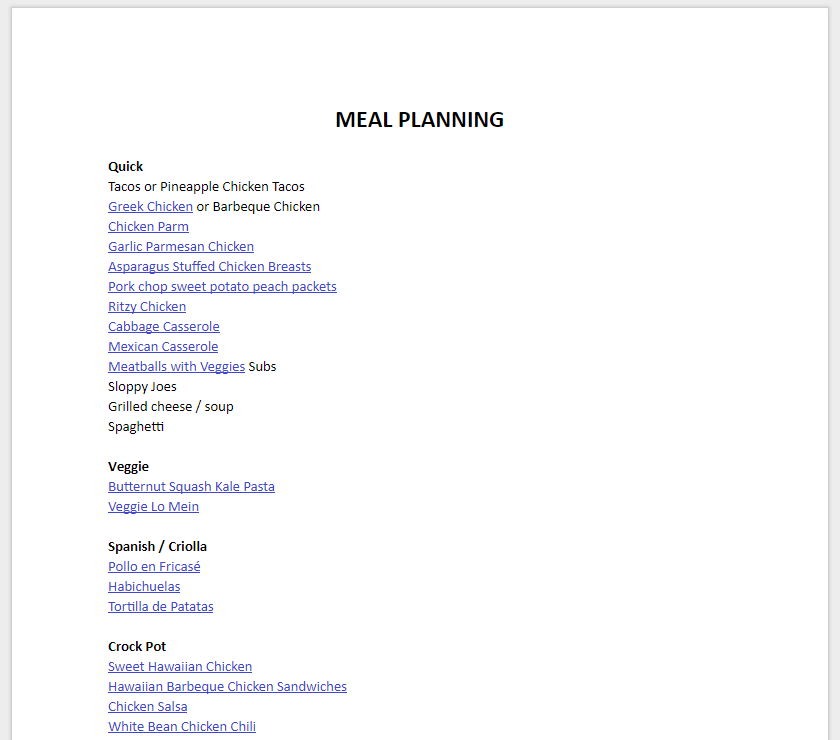Meal Planning Google Doc