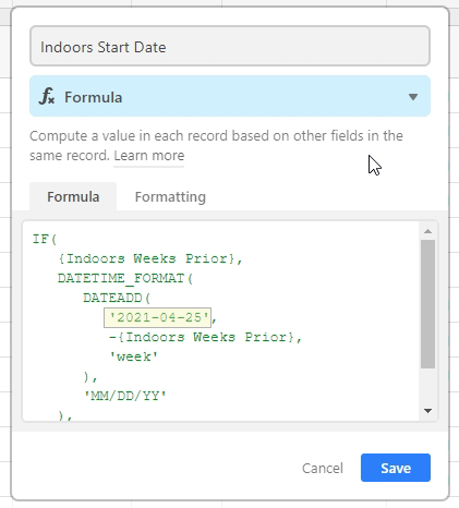 Airtable screenshot showing Indoors start date formula