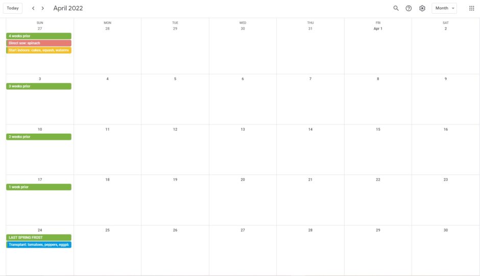 Google calendar with seed starting dates